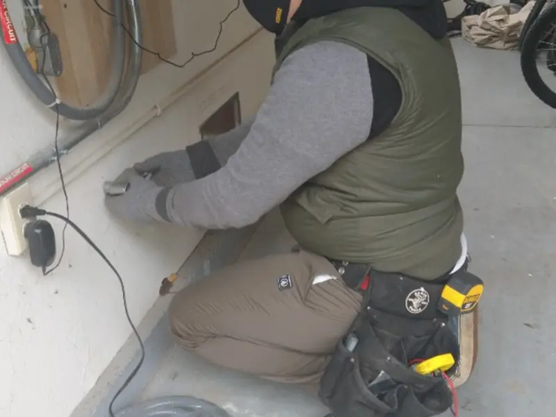 Electrician performing outlet wiring in a Armagh garage